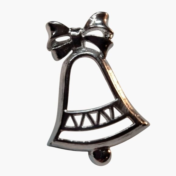 Silver Bell Shape Brooch Pin Bow Vintage Style Pinback - Picture 1 of 6